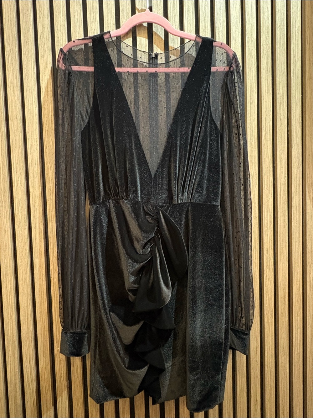 PatBO Black Velvet Long-Sleeve V-Neck Dress